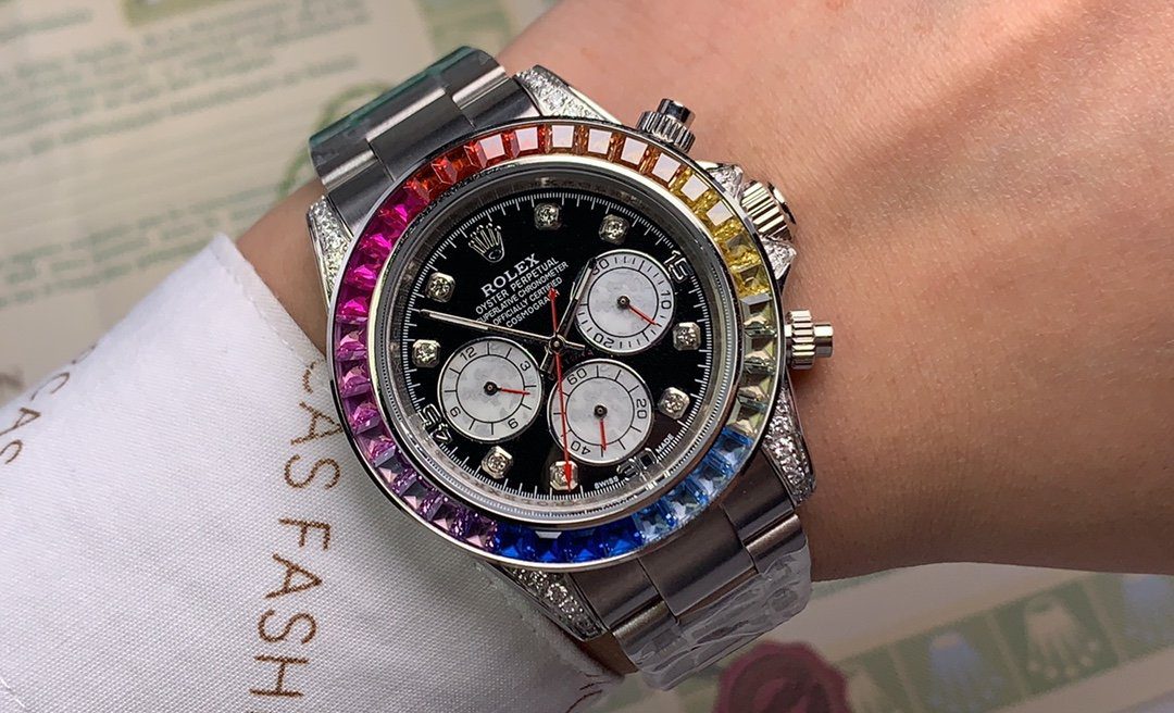 Rolex Cosmograph Daytona Rainbow Crystals Bezel Stainless Steep Strap Black Dial 80250