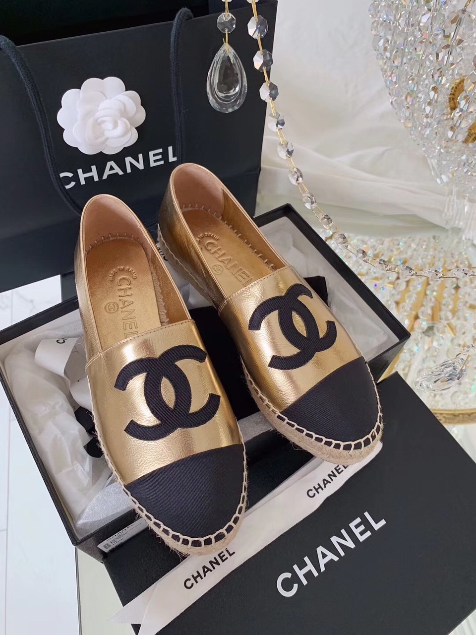 Chanel Espadrilles Gold/Black For Women, Women’s Shoes G29762