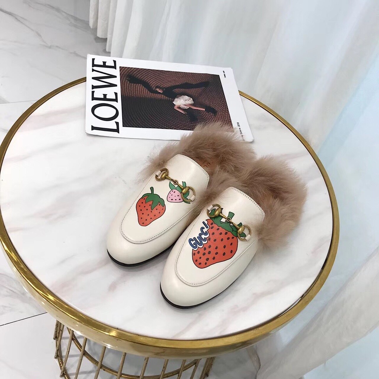 Gucci Princetown Strawberry Print Fur Slipper Mules 577264 Calfskin Leather Pre-Fall/Winter Collection, White
