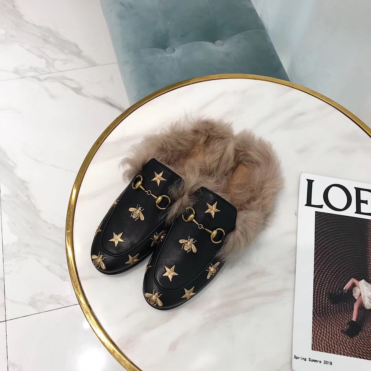 Gucci Princetown Bees and Stars Embroidered Fur Slipper Mules Calfskin Leather Pre-Fall/Winter Collection Black