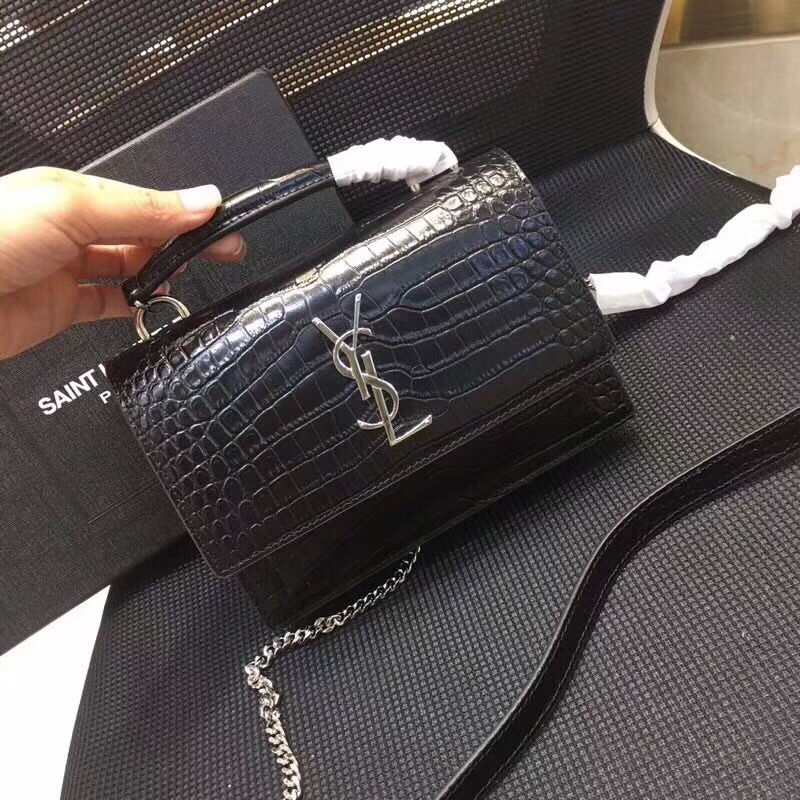 Yves Saint Laurent Sunset Chain Wallet  In-Embossed Black For Women 8.2in/21cm YSL