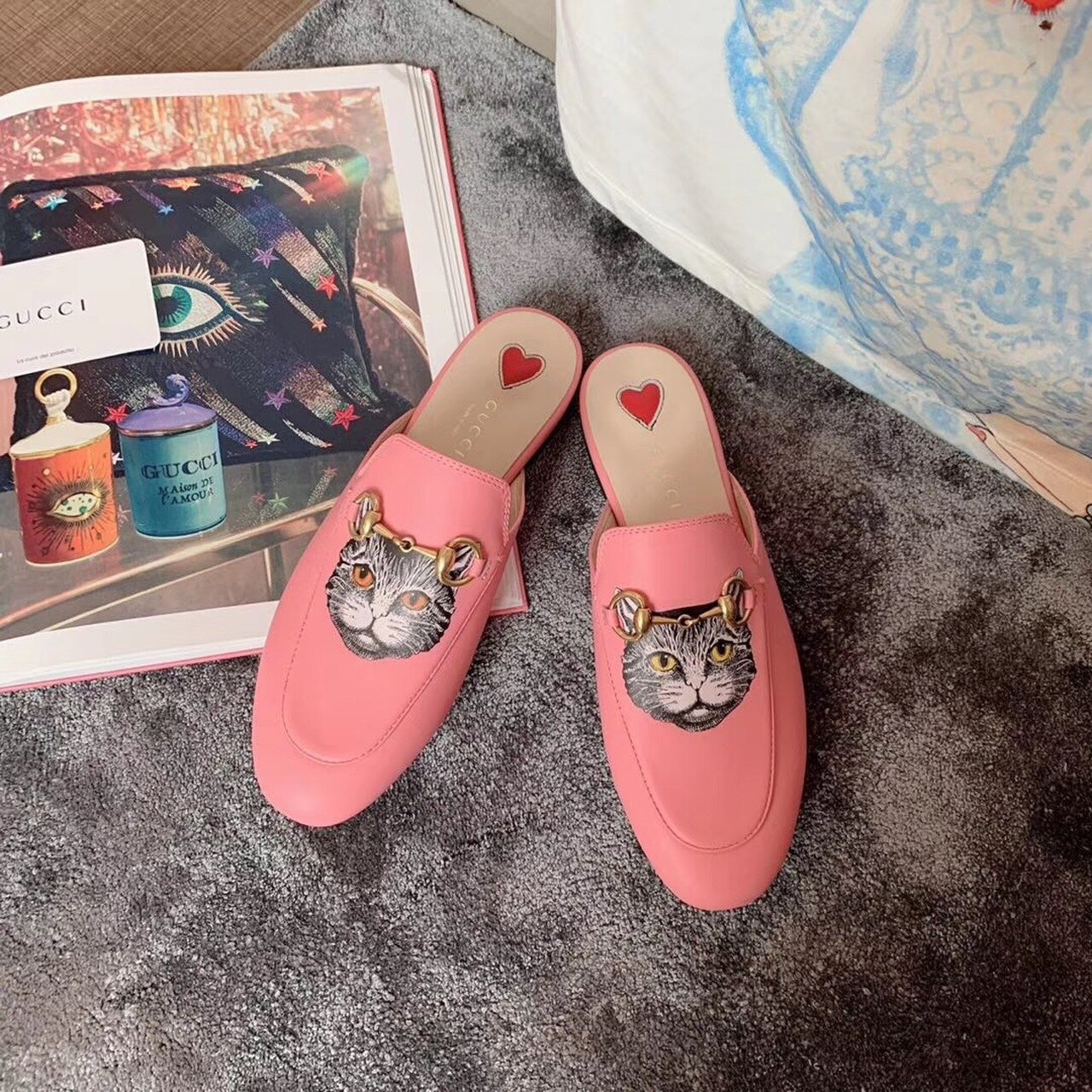 Gucci Women’s Jumbo Gucci Princetown Slipper With Cat Pink For Women GG