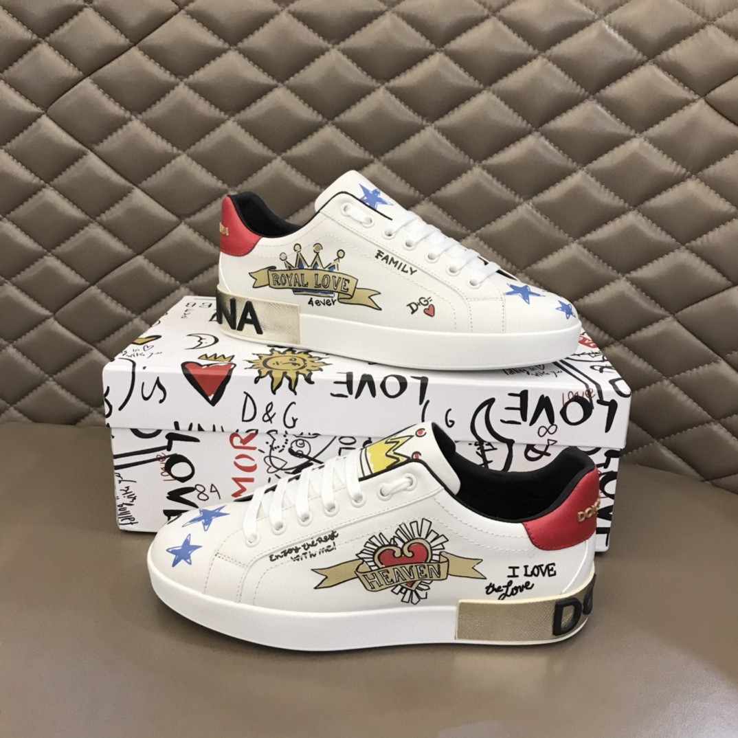 Dolce & Gabbana Portofino Sneakers In Printed Nappa With Patch White For Men DG Shoes