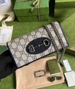 Gucci Horsebit 1955 Wallet With Chain Beige And Blue For Women 7.5in/19cm GG