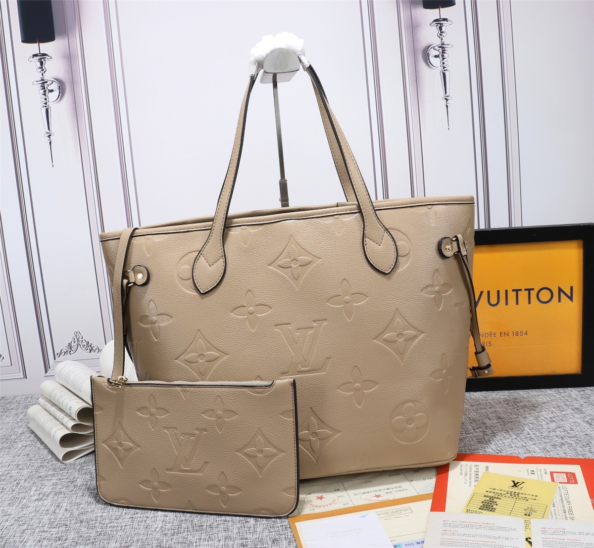 Louis Vuitton Neverfull MM Tote Bag Monogram Empreinte Tourterelle Gray For Women, Women’s Handbags, Shoulder Bags 12.2in/31cm LV M45686