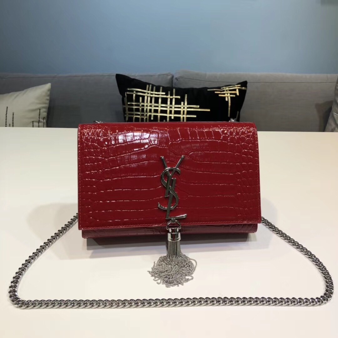 Yves Saint Laurent Kate Small Chain Bag With Tassel In Embossed Burgundy For Women 7.8in/20cm YSL 