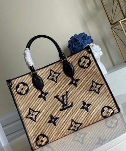 Louis Vuitton OnTheGo MM Tote Bag Monogram Raffia Navy Blue For Women, Women’s Handbags, Shoulder Bags 13.8in/35cm LV M57723
