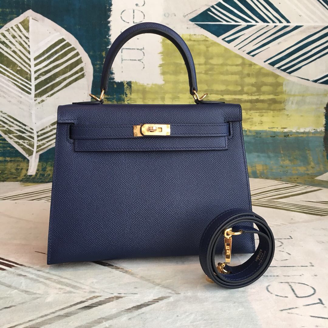 Hermes Kelly 28 Bleu Cherve Bag With Gold Toned Harware For Women, Women’s Handbags, Shoulder Bags 11in/28cm