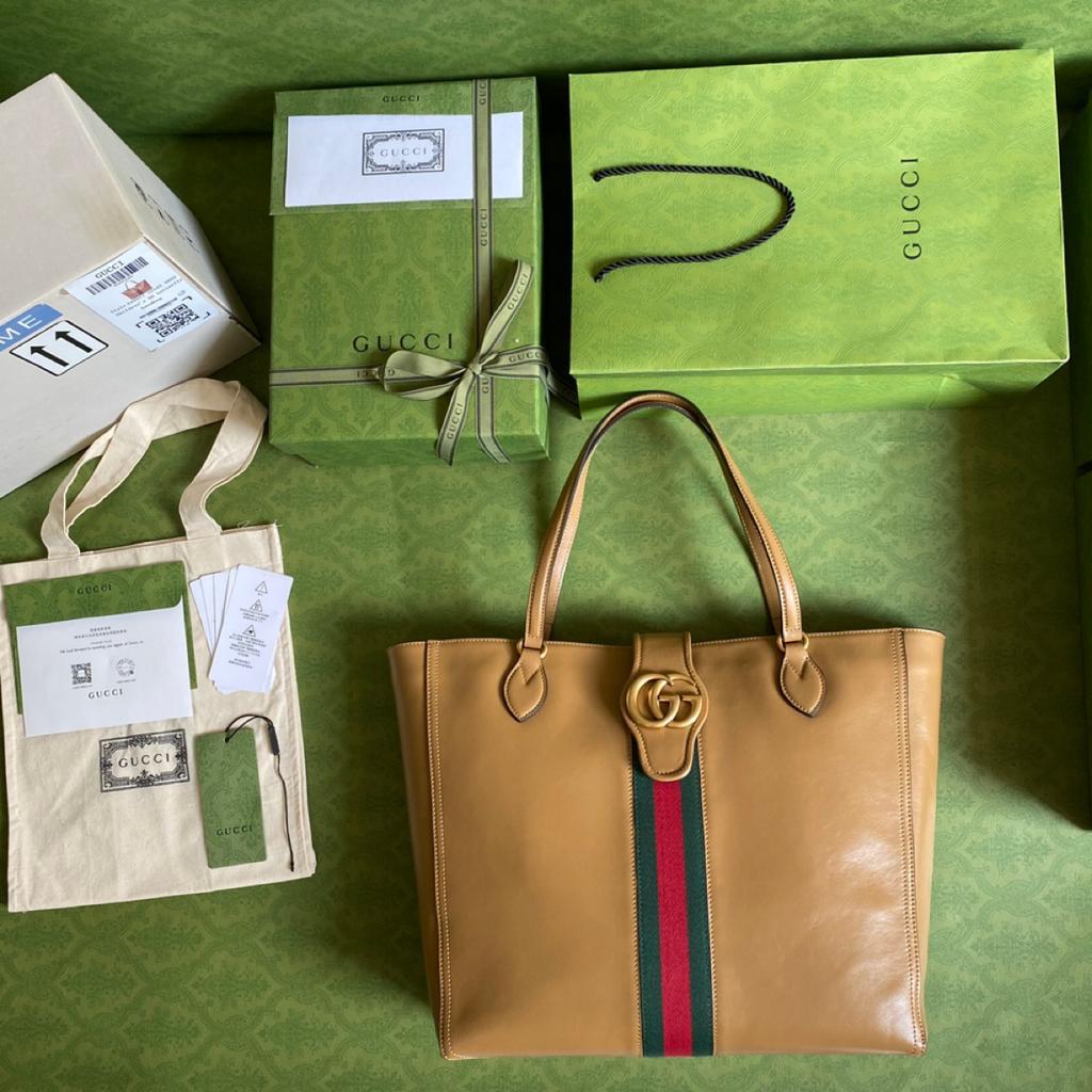 Gucci Medium Tote Bag With Double G And Web Brown For Women 13.8in/35cm GG