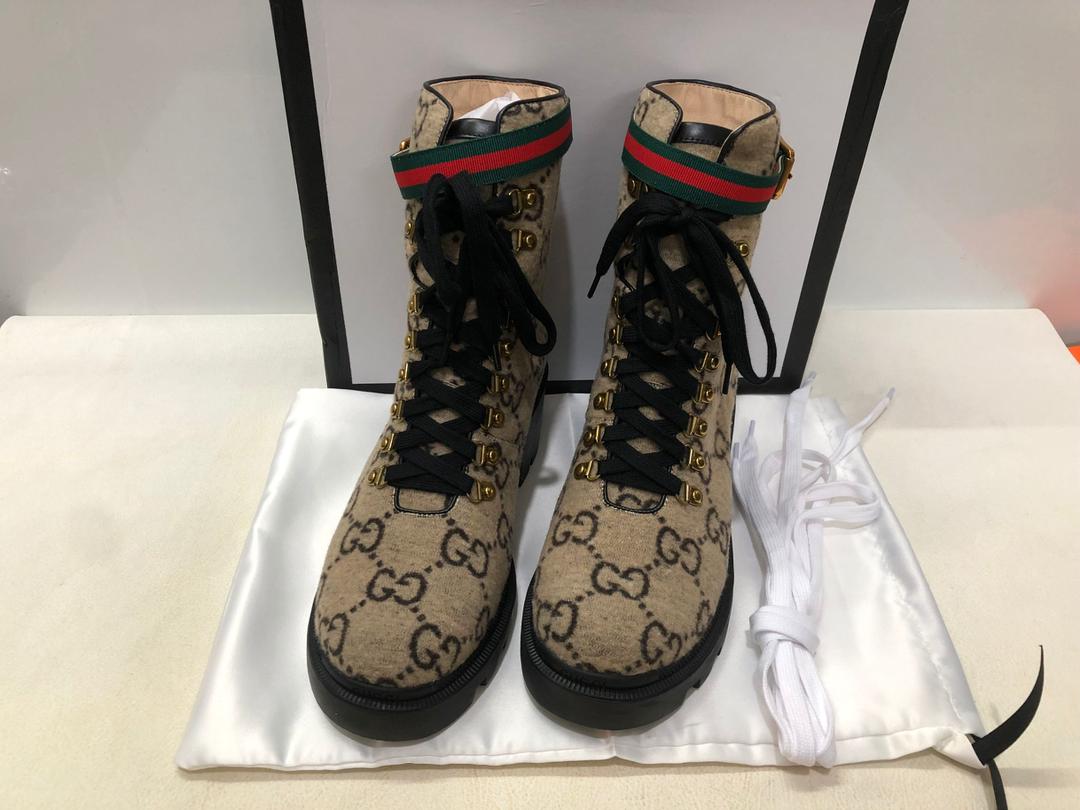 Gucci Trip Gucci Wool Combat Boots By Canvas Beige/Ebony For Women GG