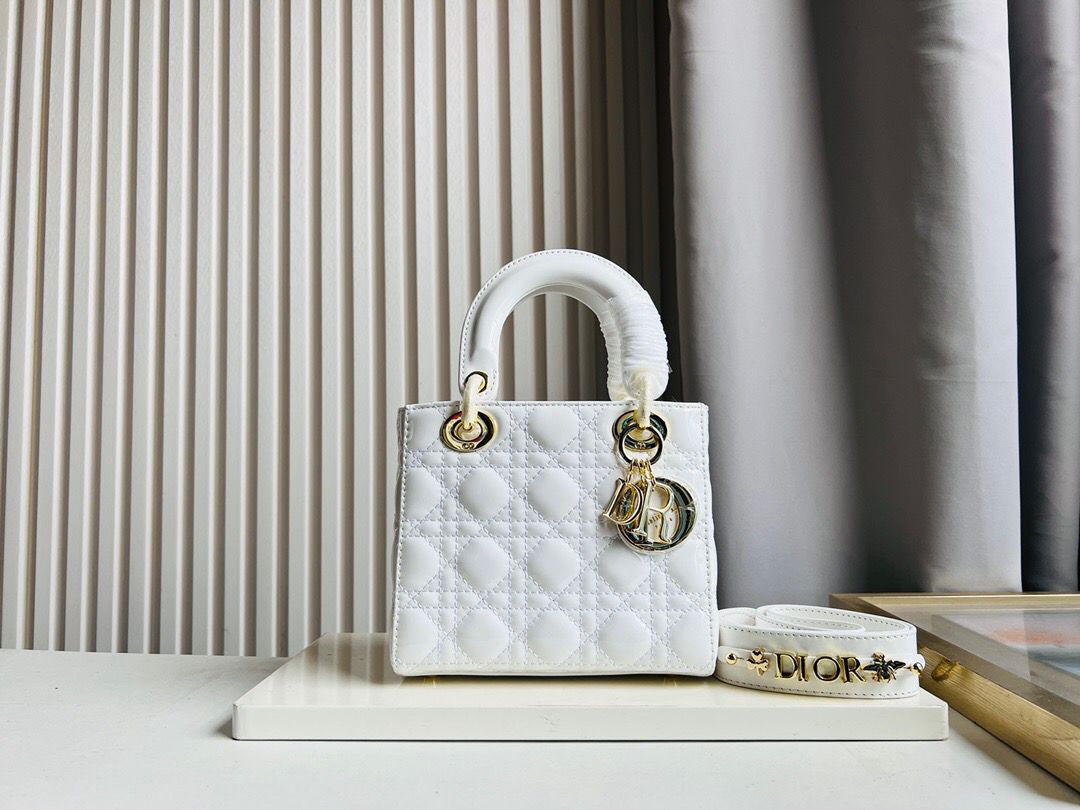 Christian Dior Small Lady Dior Bag Gold Toned Hardware Patent White For Women 20cm/8in CD