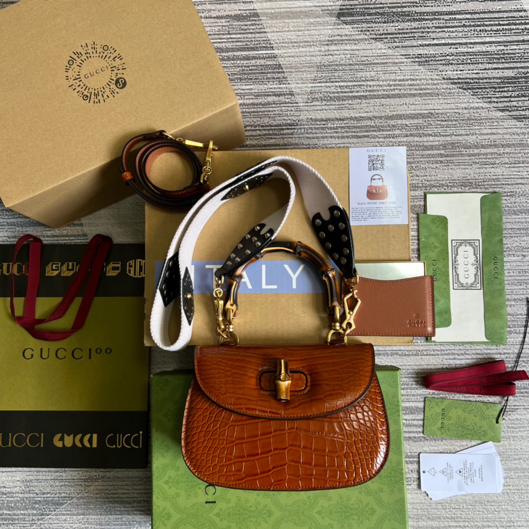 Gucci Bamboo 1947 Crocodile Top Handle Bag Red For Women, Women’s Bags 10.2in/26cm GG