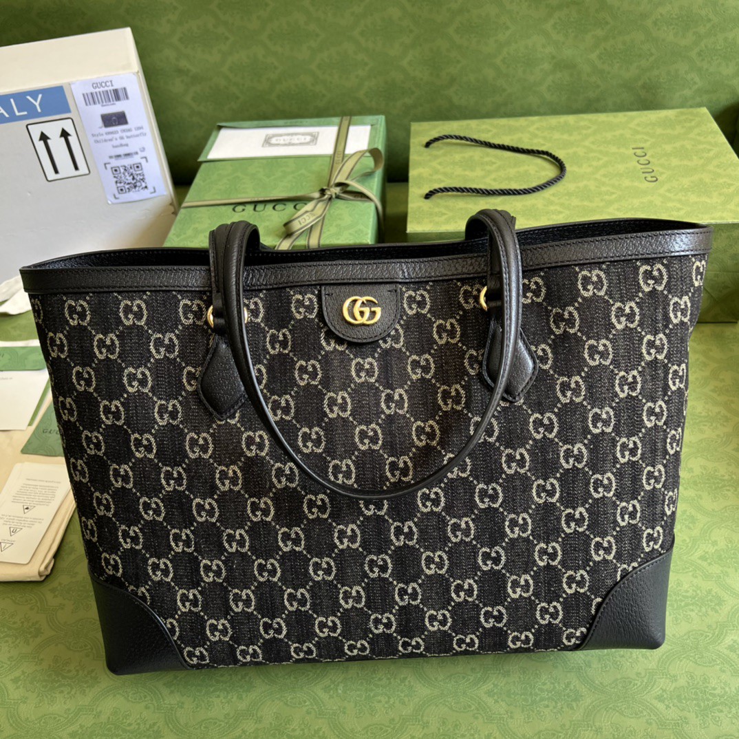 Gucci Ophidia Medium Tote With Web Black And Ivory Gucci Denim Jacquard For Women 15in/38cm 631685 UN3BG 1274