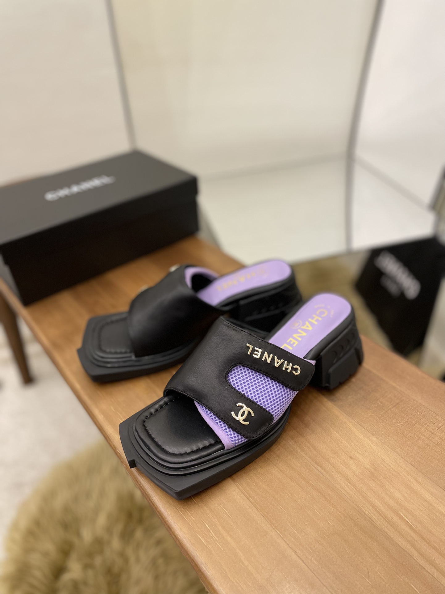 Chanel Women’s Mules Black And Violet For Women 2.7in/7cm
