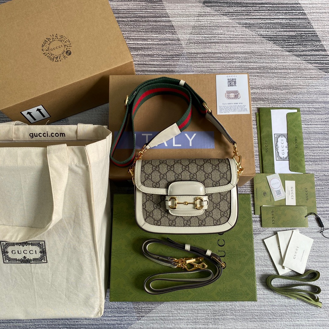 Gucci Horsebit 1955 Gucci Mini Bag White For Women, Women’s Bags 8in/21cm GG