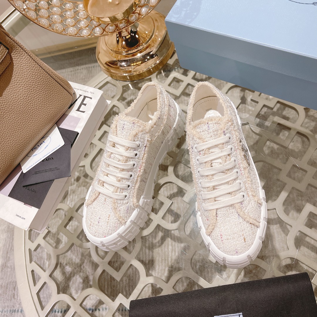 Prada Gabardine Canva Double Wheel Sneakers Beige For Women 2in/50mm Prada