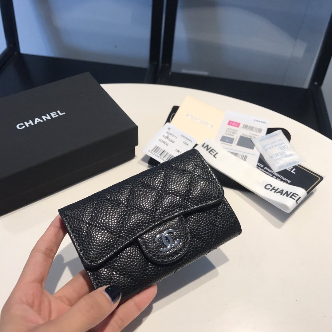 Chanel Classic Card Holder Silver Hardware Black For Women, Women’s Wallet 4.5in/11.5cm