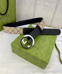 GUCCI Supreme Belt With Interlocking G Buckle Beige/Ebony Gucci Supreme And Black For Women, Women Belt