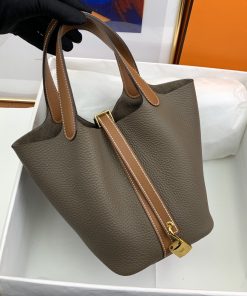 Hermes Picotin Lock 18 Bag Etoupe/Brown With Gold-Toned Hardware For Women, Women’s Handbags 7.1in/18cm