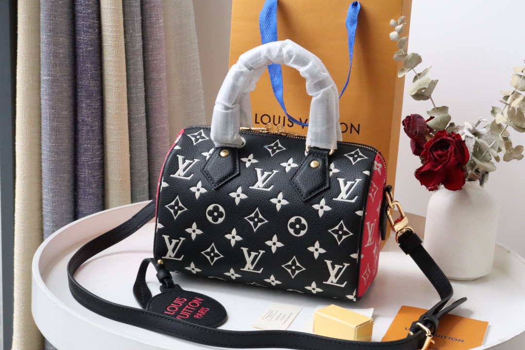 Louis Vuitton Speedy Bandoulière 20 Monogram Empreinte Black/White/Pink For Women, Women’s Handbags 8.1in/21cm LV M46088