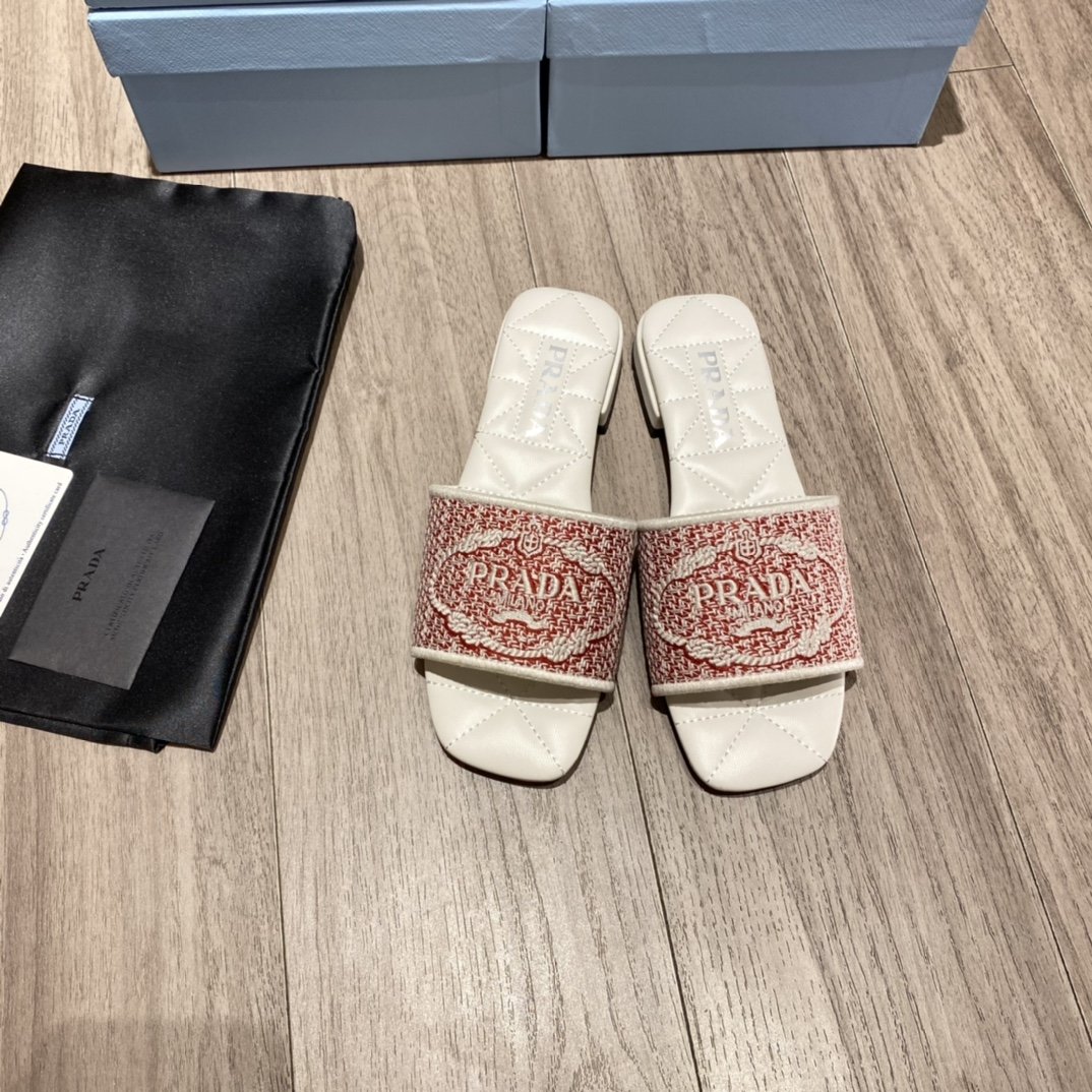 Prada Embroidered Fabric Slides Red For Women 0.4in/10mm Prada