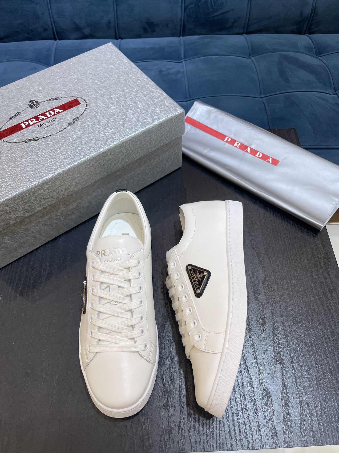 Prada Brushed Sneakers White/Black For Men 1in/25mm PRD 