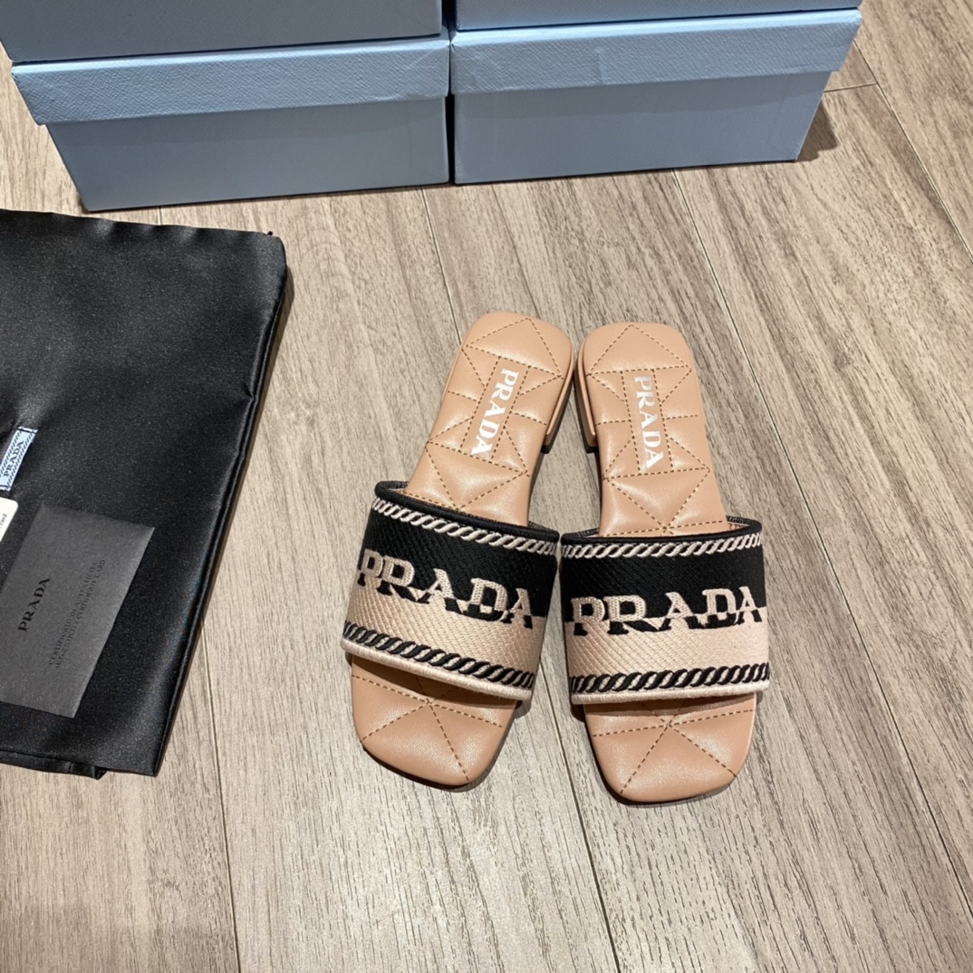 Prada Embroidered Fabric Slides Black/Orange For Women 0.4in/10mm Prada