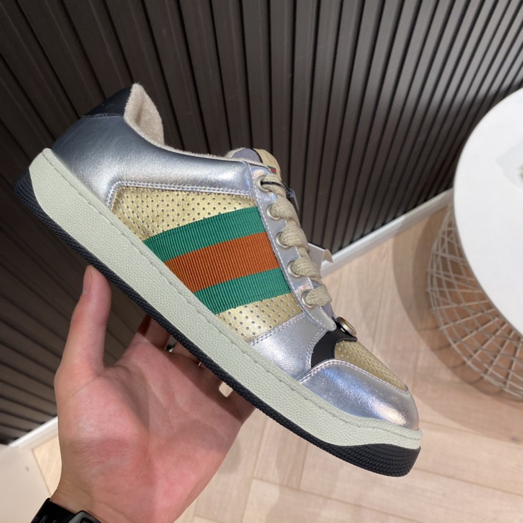 Gucci Women’s Screener Low Top Sneakers Silver Gold For Women 627833 1TR20 8162
