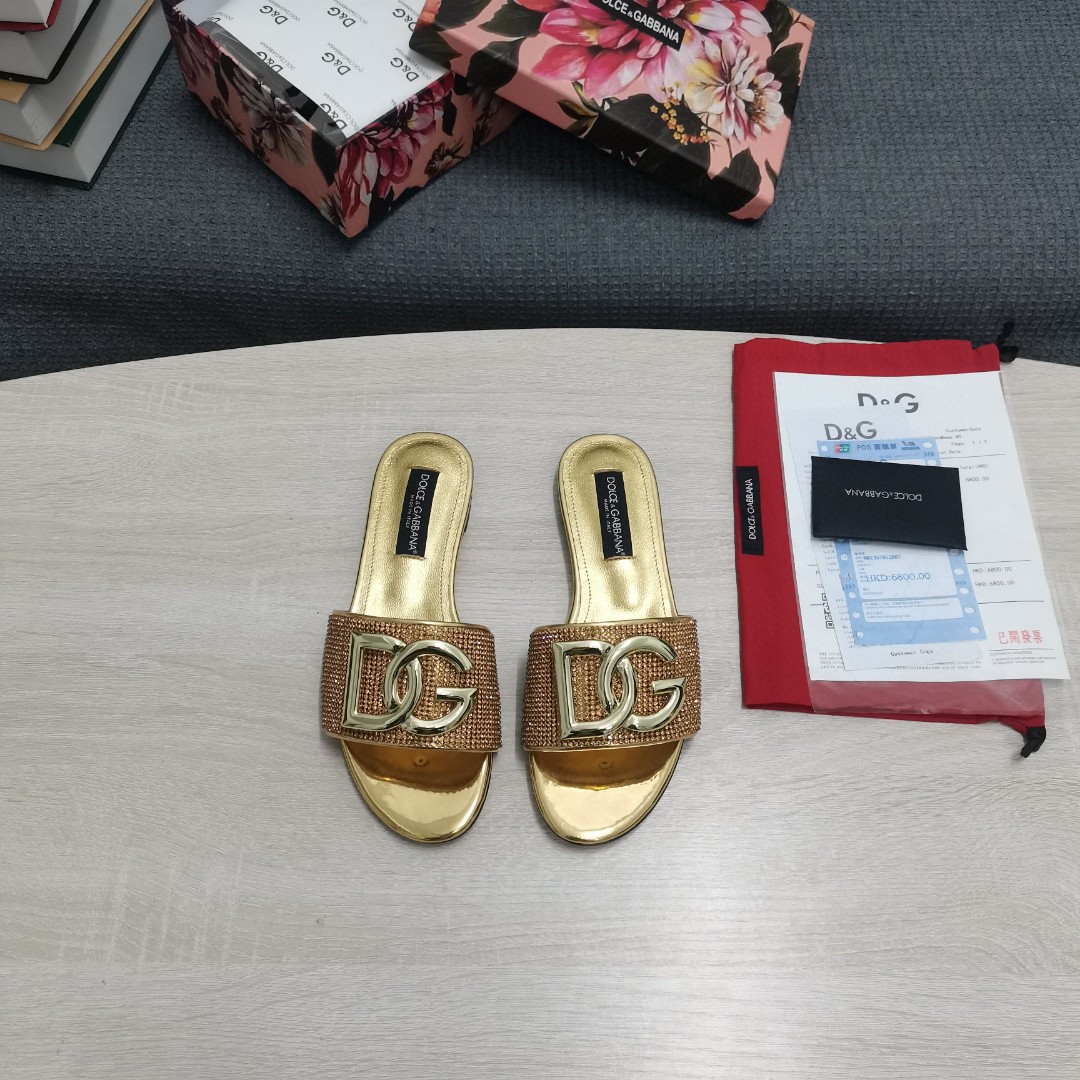 Dolce & Gabbana Crystal Mesh Sliders With DG Logo Gold For Women DG Shoes