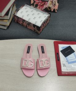 Dolce & Gabbana Foiled Iguana-Print Slides With Rhinestone-Detailed DG Logo Pink For Women DG Shoes