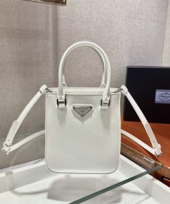 Prada Small Brushed Tote White For Women, Women’s Bags 6.9in/18cm 1BA331_ZO6_F0009_V_OOO