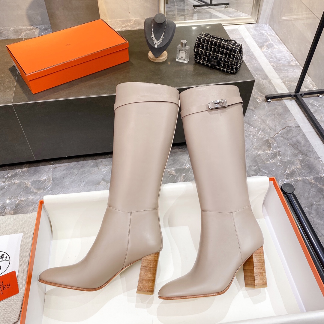 Hermes High Heel Boots Beige For Women 3.54in/9cm