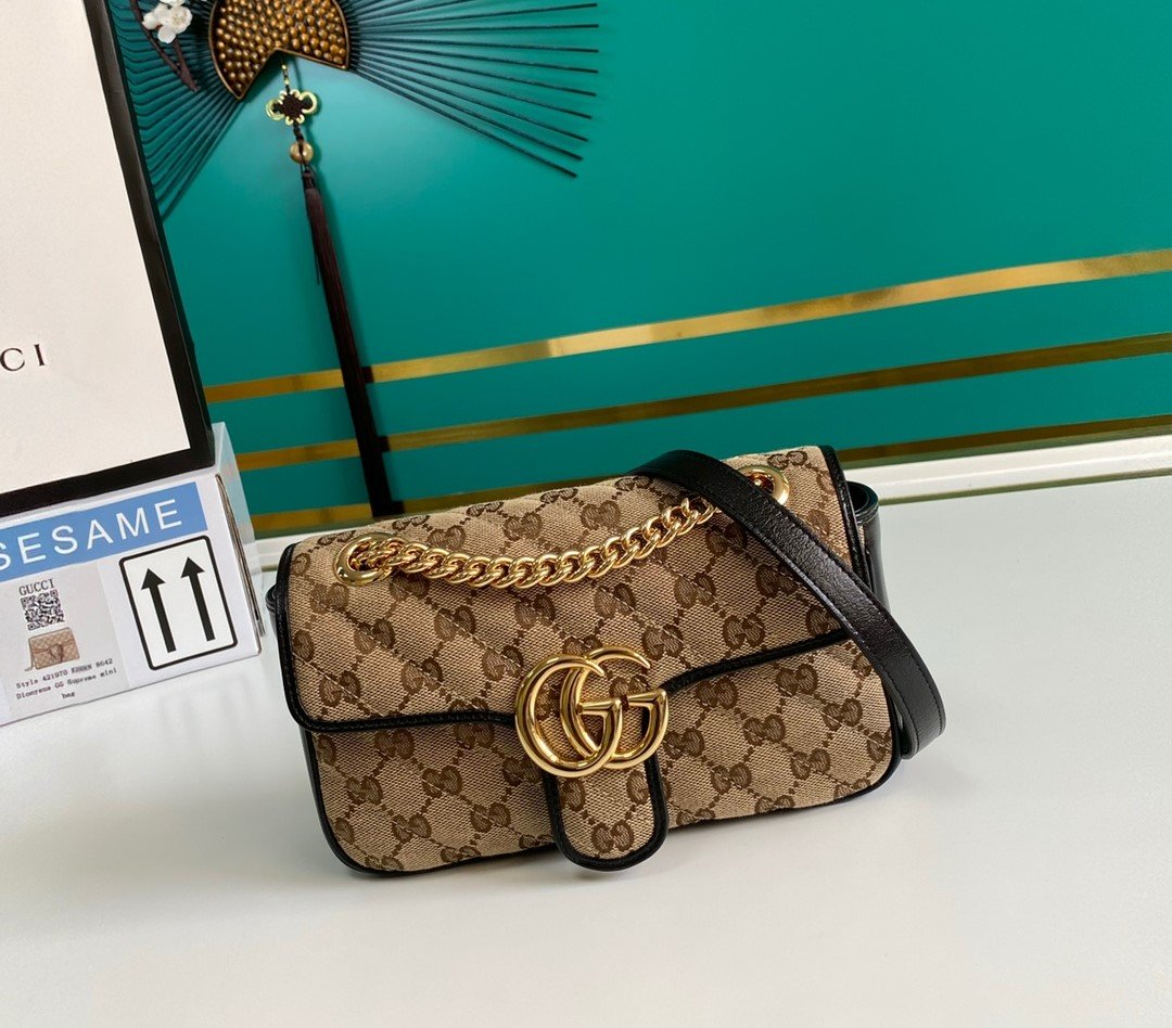 Gucci Marmont Matelassé Mini Bag Beige/Ebony Diagonal Matelassé Original Gucci Canvas For Women 8.5in/22cm 446744