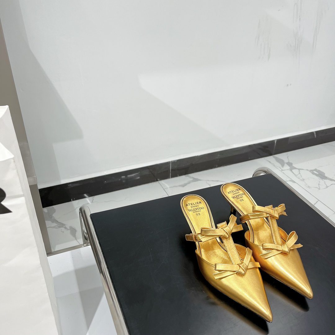 Valentino Garavani Ribbon Strap Stiletto Mule Slipper Gold For Women T024HL146