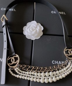 Chanel Belt With Square Metal Buckle Black Imitation Pearls With Gold-Toned Women Belt