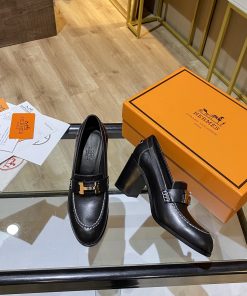 Hermes Shoes Heel Black For Women 2.8in/7cm