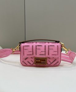 Fendi Baguette Pink with Embroidery Small Bag For Woman 21cm/8in