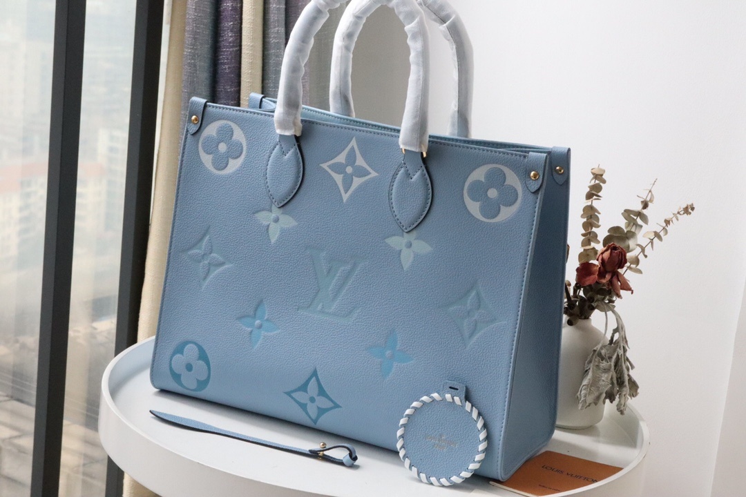 Louis Vuitton OnTheGo MM Tote Bag Monogram Empreinte Summer Blue For The Pool Collection, Women Handbags 13.8in/35cm LV M45718