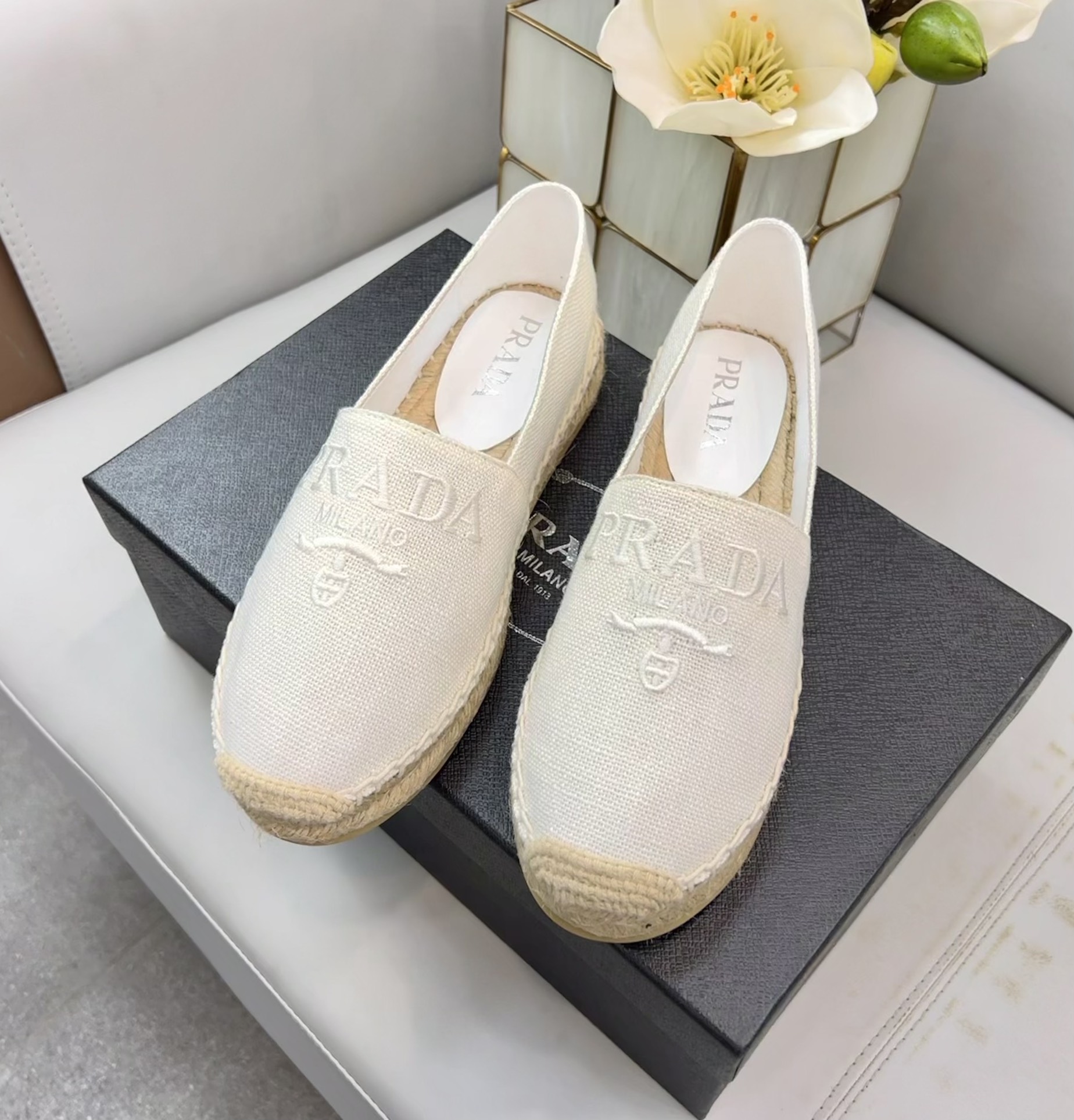 Prada Linen Espadrilles White For Women 0.8in/20mm Prada 