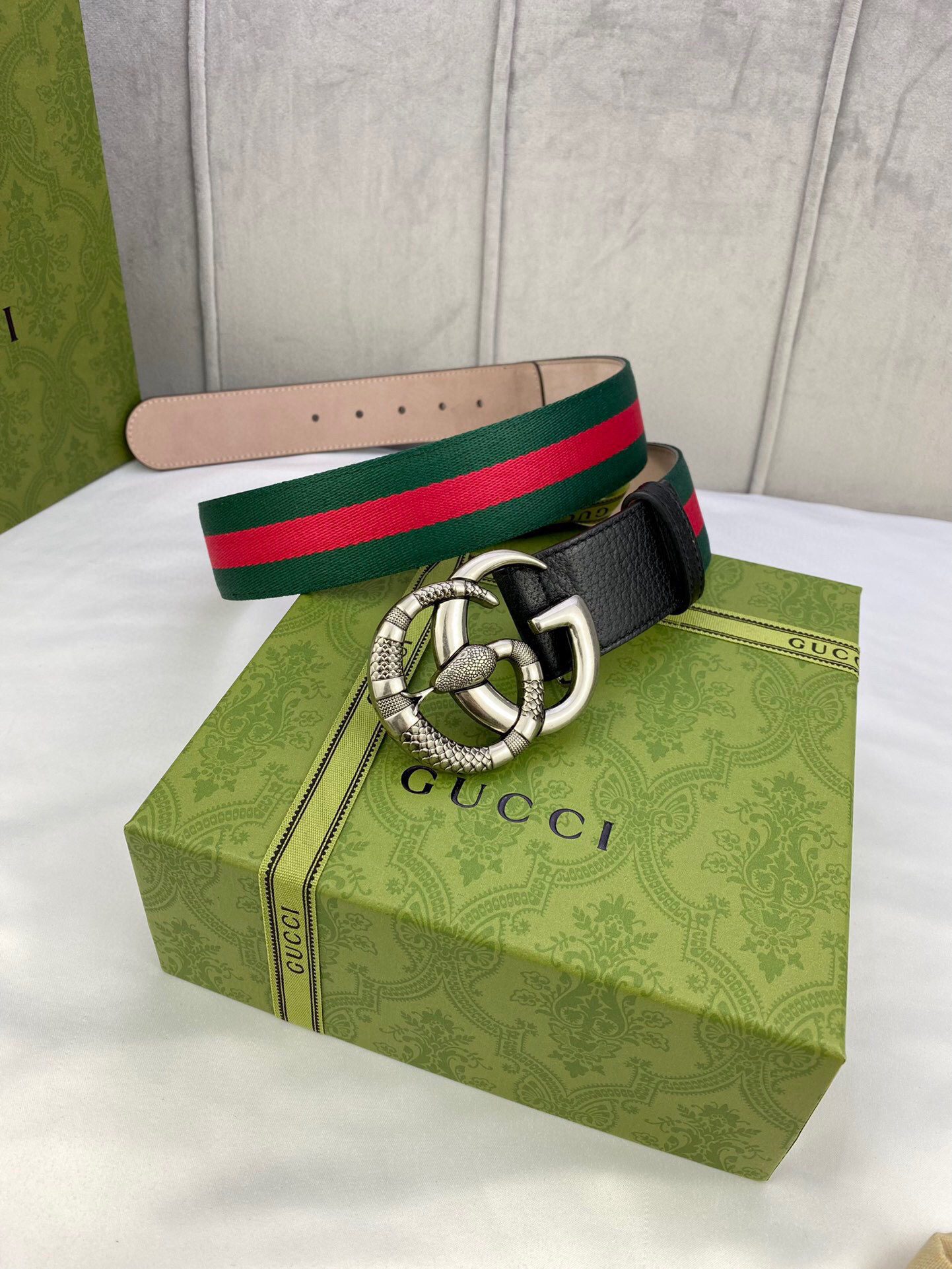 Gucci Web Belt With Double G Snake Buckle Green/Red Web Fabric And Black For Women, Women Belt