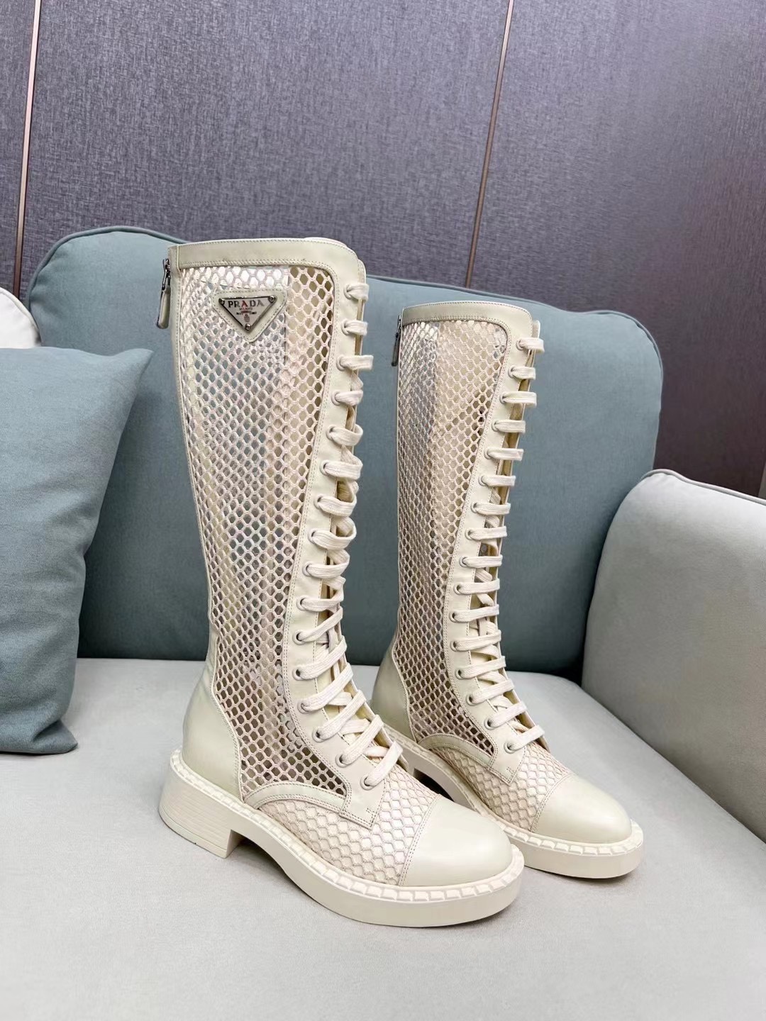 Prada Brushed And Mesh Boots Beige For Women Prada 