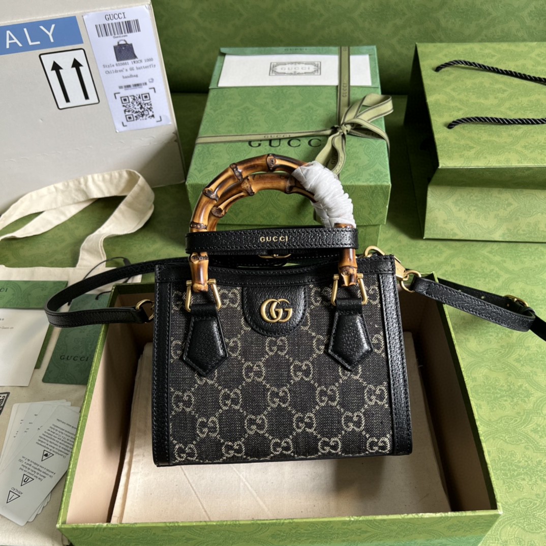 Gucci Diana Jumbo Gucci Mini Tote Bag Handbag Canvas Lining Black For Women 7.9in/20cm Gucci 655661 UKMFT 2672