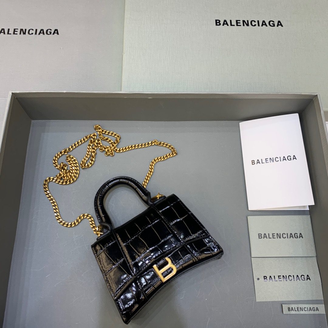 BALENCIAGA Hourglass Mini Handbag With Chain In Black, For Women, Women’s Bags 4.7in/12cm