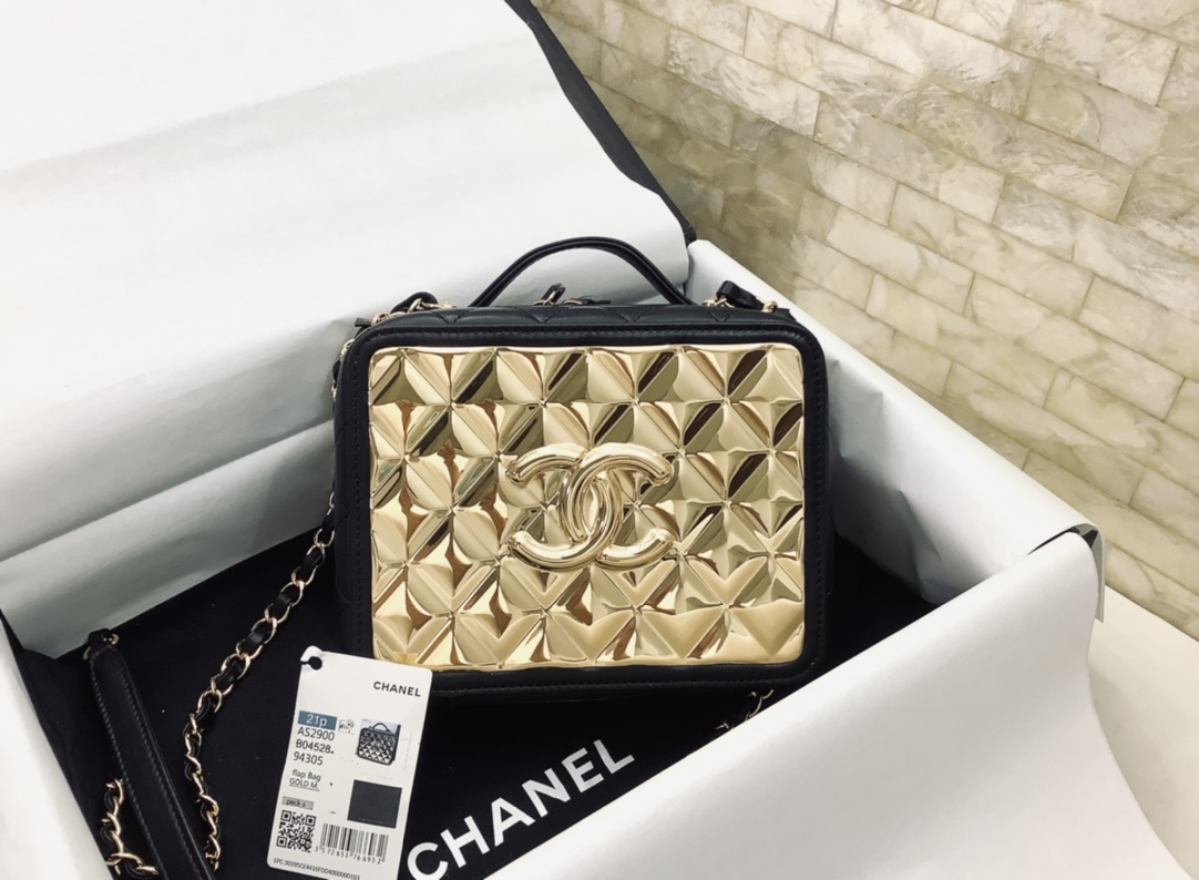 Chanel Vanity Case Black With Gold Metal For Women, Women’s Handbags, Shoulder And Crossbody Bags 7.2in/19cm AS2900