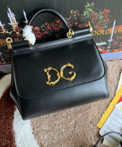 Dolce & Gabbana Medium DG Handbag In Dauphine Black For Women 10.2in/26cm DG