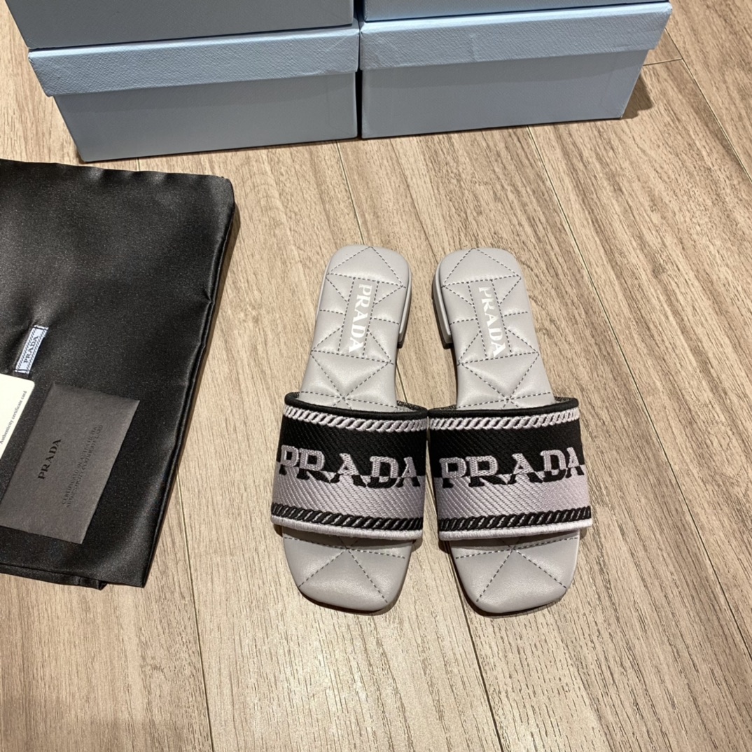 Prada Embroidered Fabric Slides Black/Grey For Women 0.4in/10mm Prada 1XX612_3LKB_F0EHZ_F_B010