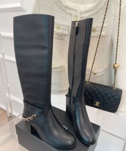 Chanel Women’s High Boots With Chain Black For Women 3.7in/ 9.5cm