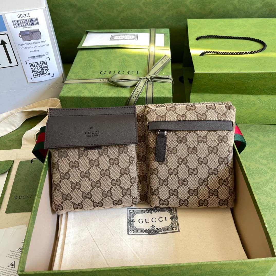 Gucci Supreme Canvas Two Pocket Waist Belt Bag Beige/Ebony Gucci Supreme Canvas, With Brown For Men  3in/7.5cm Gucci 450956 493075
