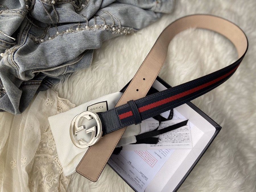 GUCCI Web Belt With Interlocking G Buckle Black/Red Web Fabric For Women, Women Belt