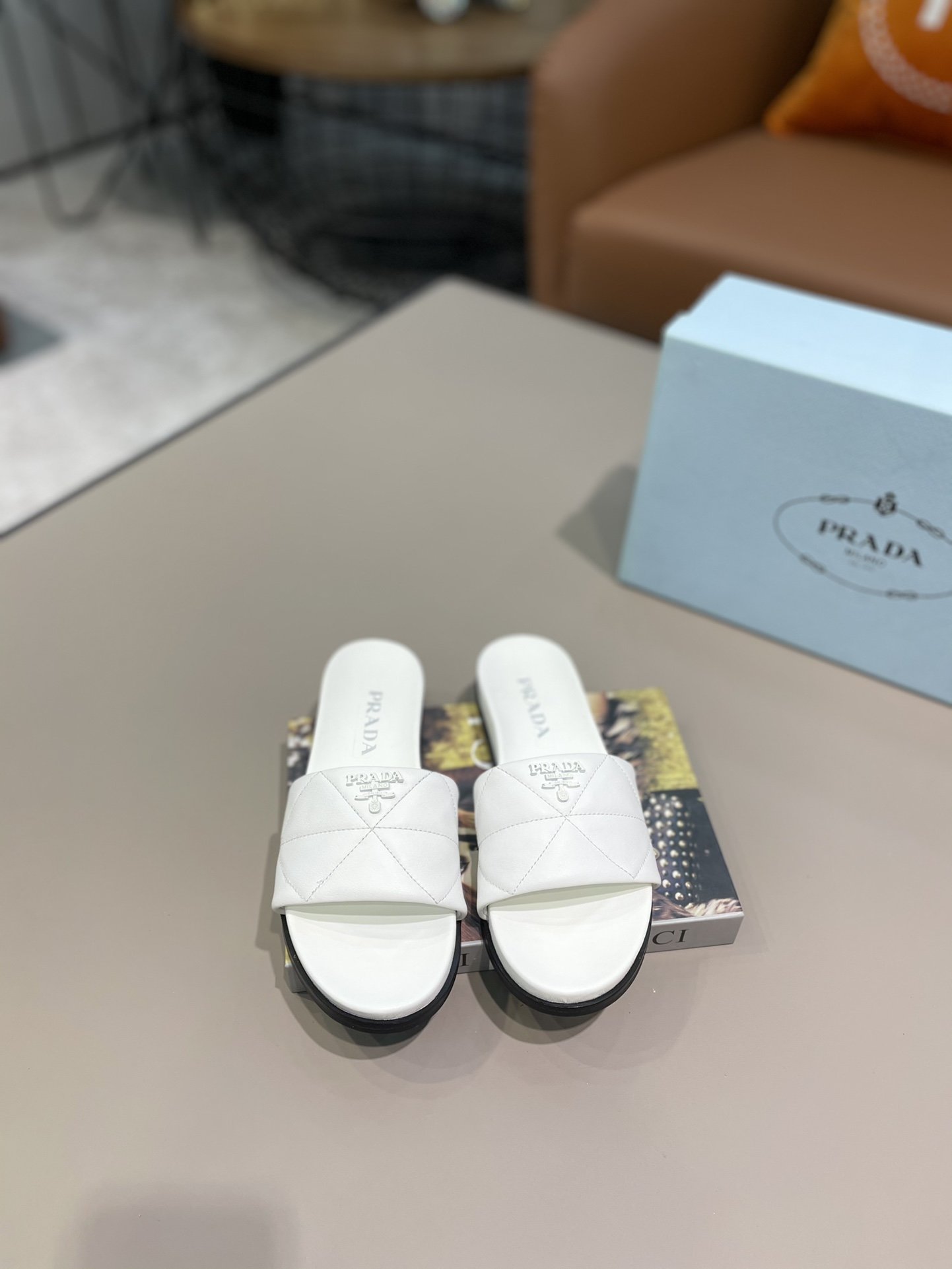 Prada Embossed Logo Quilted Slides White For Women Prada
